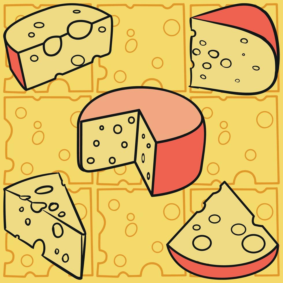 Pieces of cheese for brunch or lunch. Colored flat vector illustration