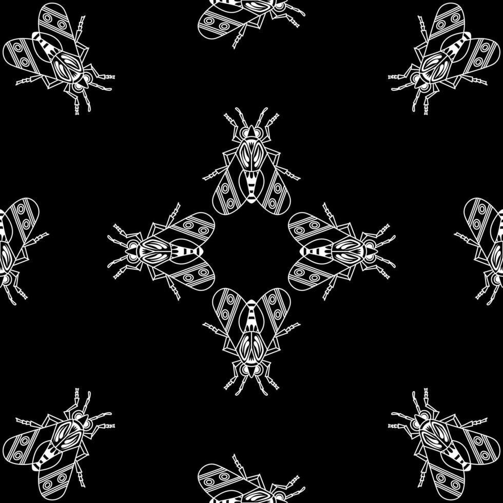 Illustration set of cute Insects white line art, Vector seamless pattern on black background