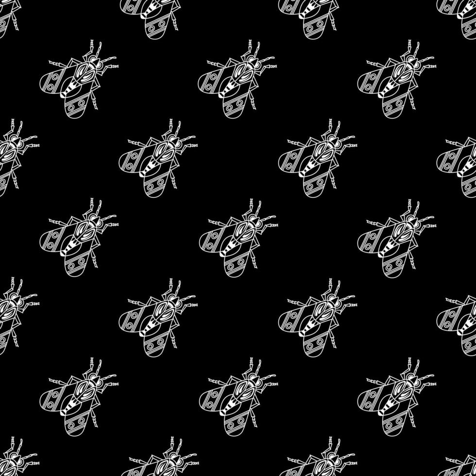 Illustration set of cute Insects white line art, Vector seamless pattern on black background