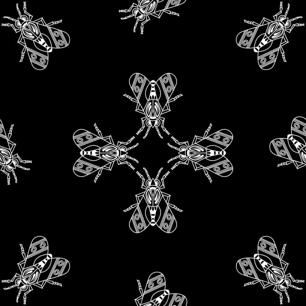 Illustration set of cute Insects white line art, Vector seamless pattern on black background