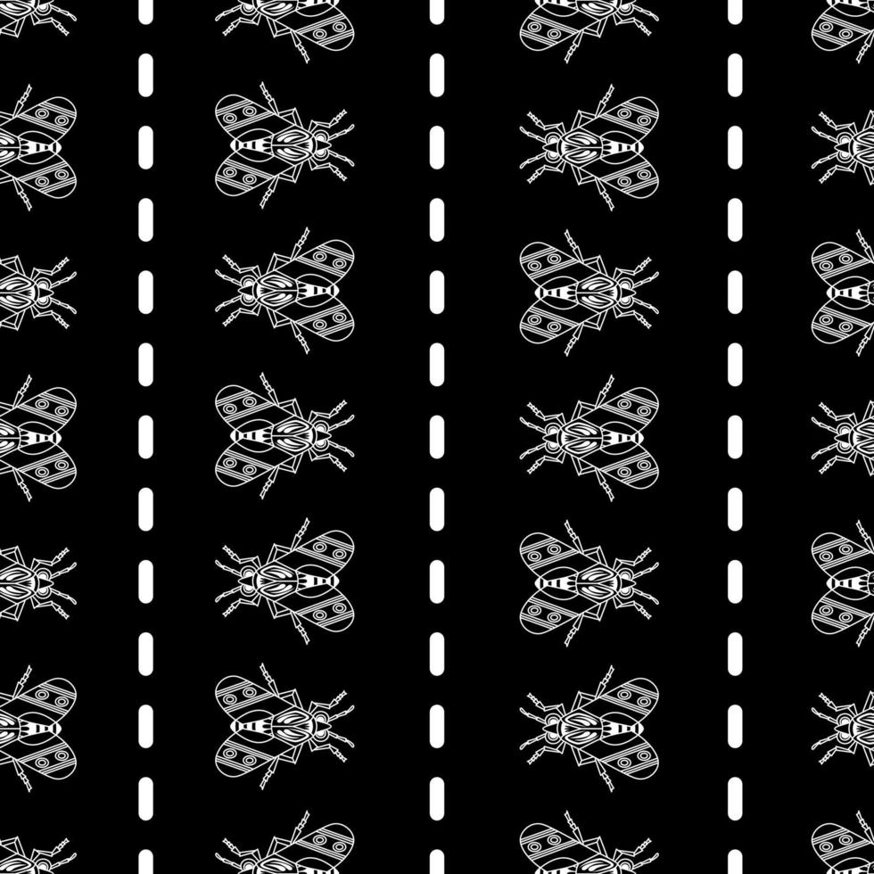 Illustration set of cute Insects white line art, Vector seamless pattern on black background