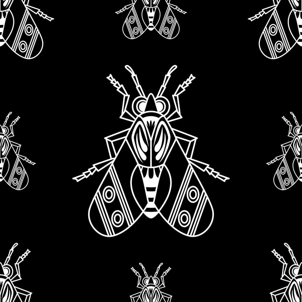 Illustration set of cute Insects white line art, Vector seamless pattern on black background