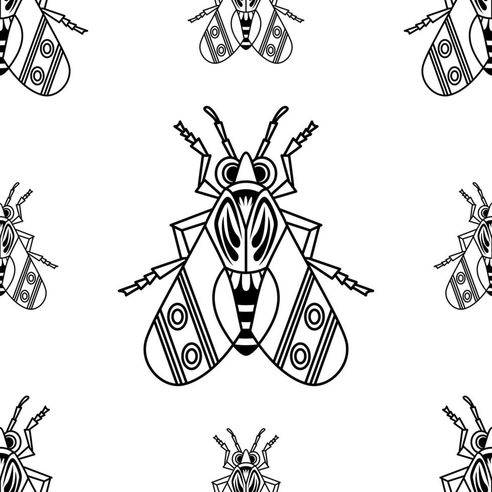 conjunto de ilustraciones de lindos insectos arte de línea negra, patrón vectorial sin costuras sobre fondo blanco vector