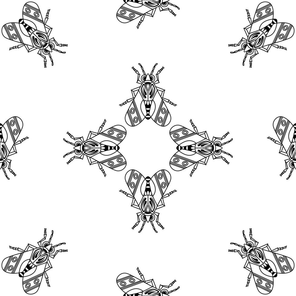 Illustration set of cute Insects black line art, Vector seamless pattern on white background