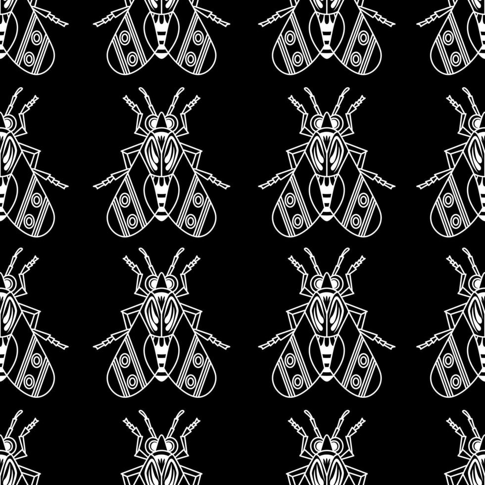 Illustration set of cute Insects white line art, Vector seamless pattern on black background