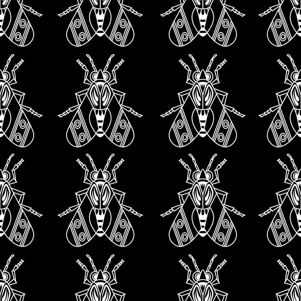 conjunto de ilustraciones de lindos insectos arte de línea blanca, patrón vectorial sin costuras sobre fondo negro vector