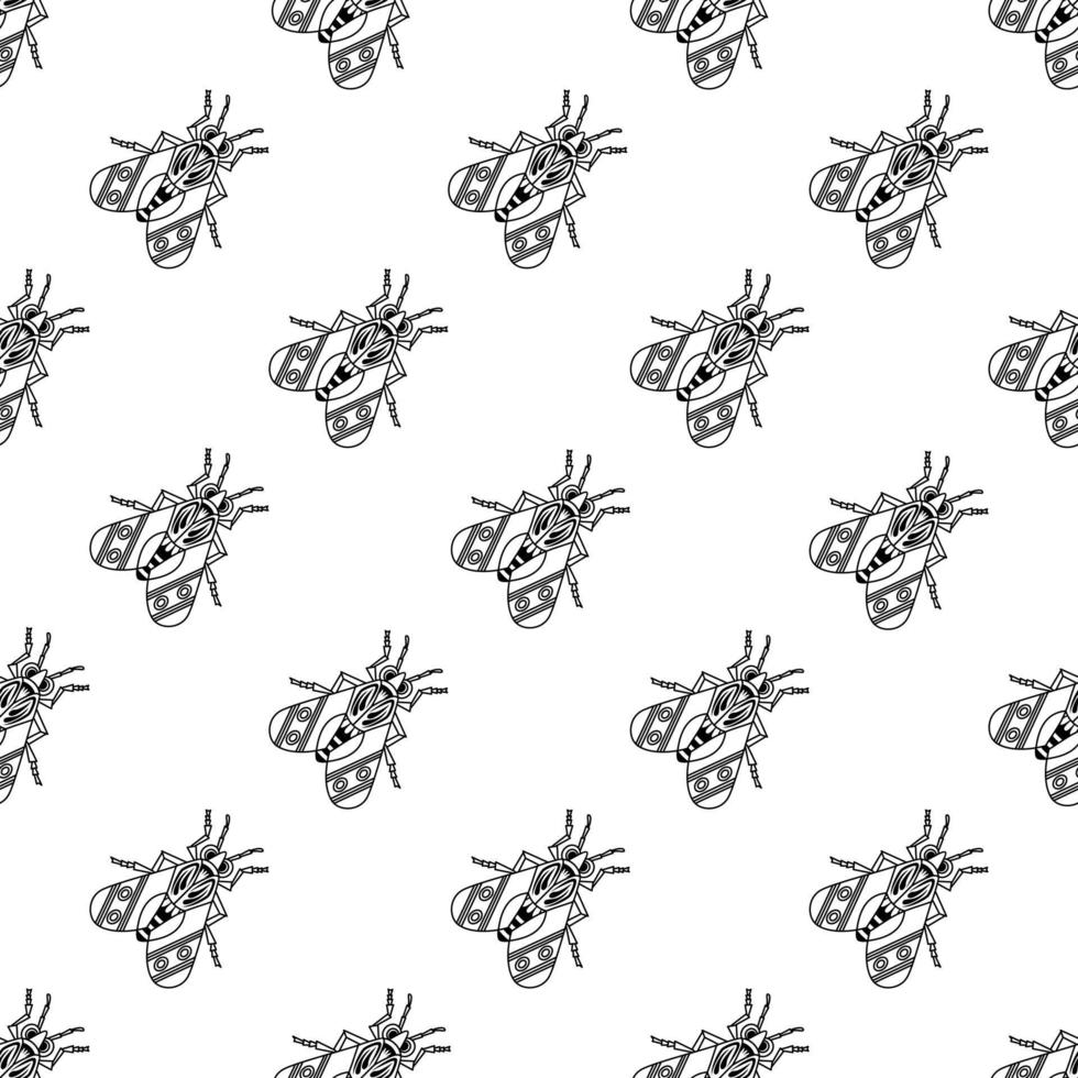 conjunto de ilustraciones de lindos insectos arte de línea negra, patrón vectorial sin costuras sobre fondo blanco vector