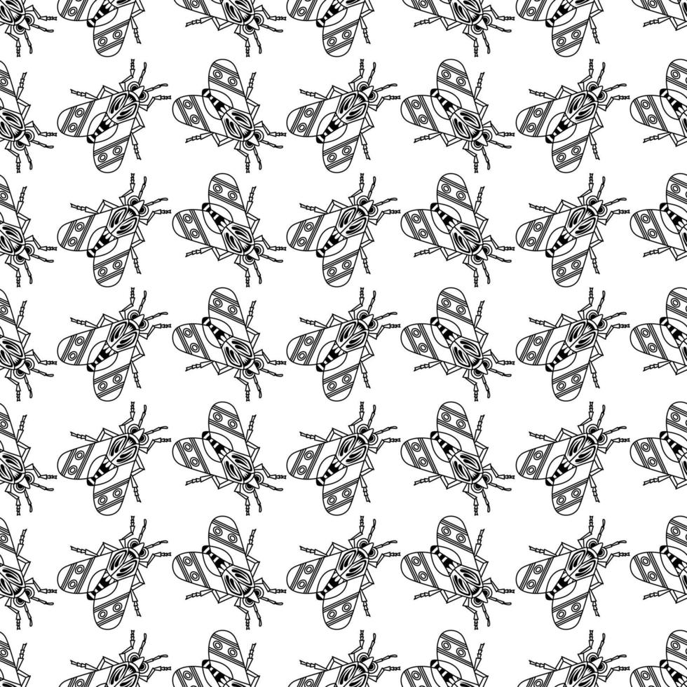 Illustration set of cute Insects black line art, Vector seamless pattern on white background