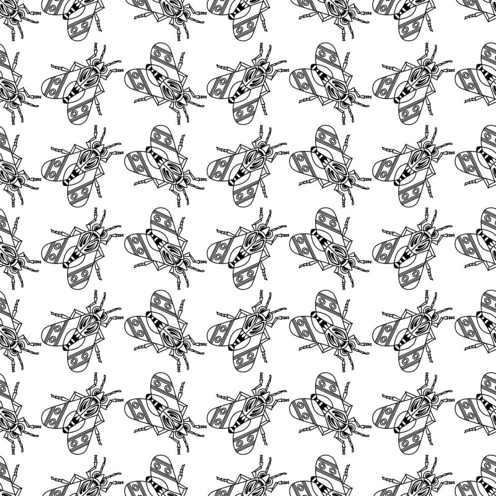 Illustration set of cute Insects black line art, Vector seamless pattern on white background