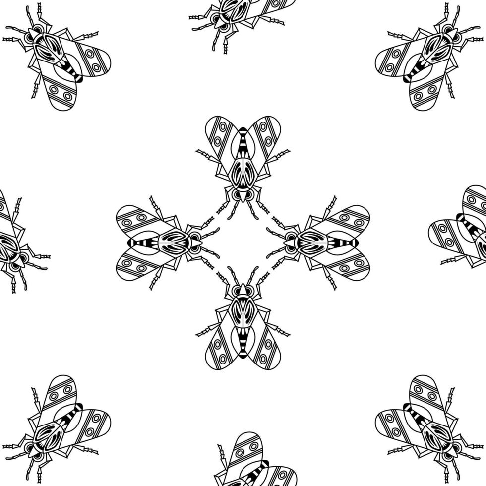 conjunto de ilustraciones de lindos insectos arte de línea negra, patrón vectorial sin costuras sobre fondo blanco vector