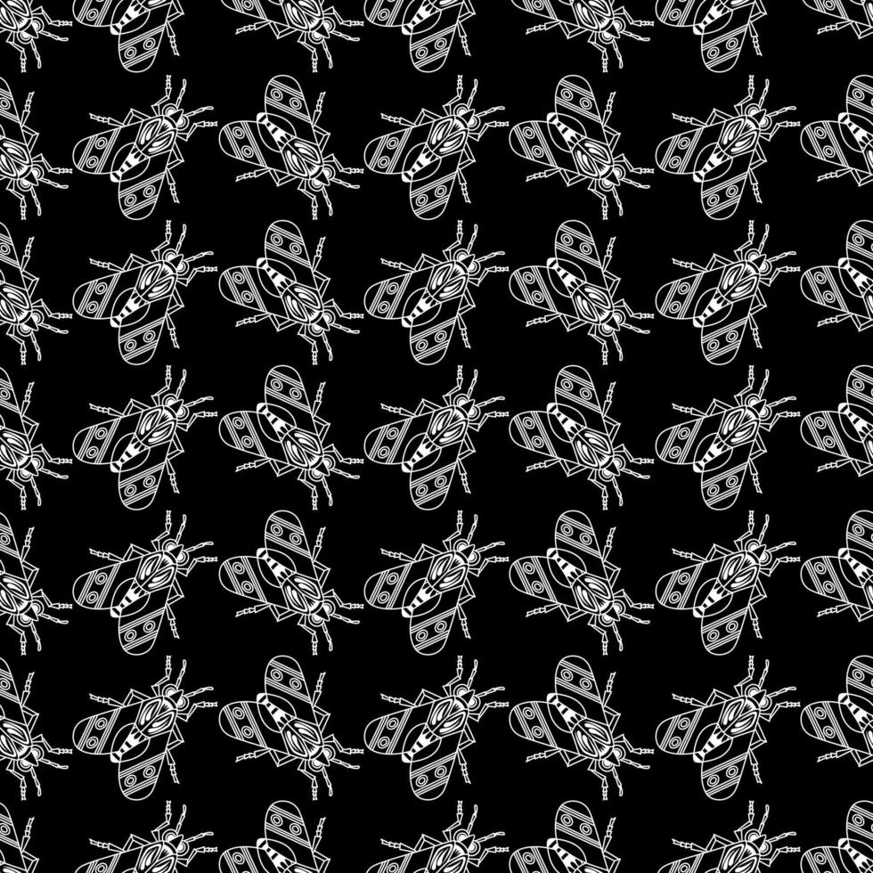 Illustration set of cute Insects white line art, Vector seamless pattern on black background