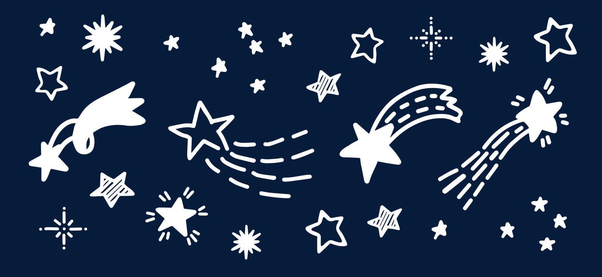 Doodle comets and stars hand drawn sketch. Starry doodles vector illustration backdrop. Star and comets in space banner