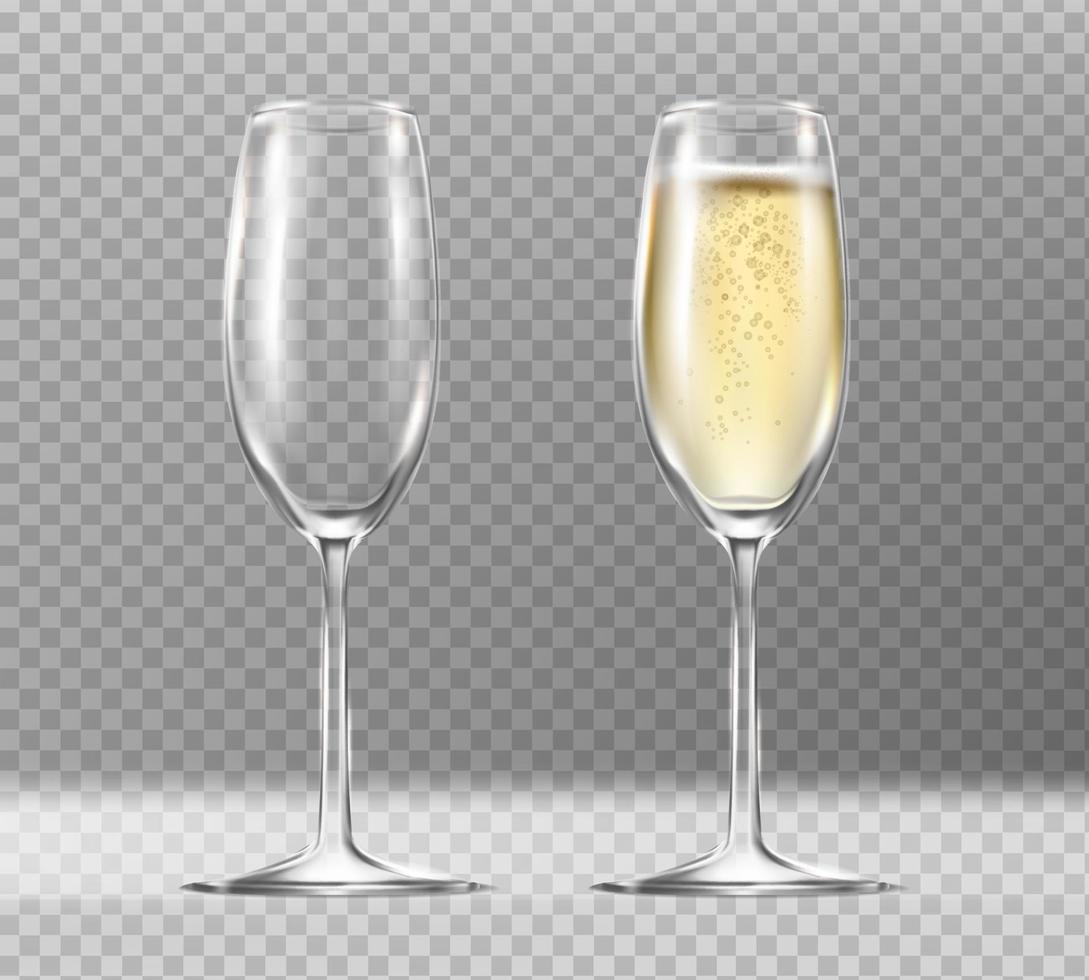 3d realistic vector icon. Set of two glassses with champagne. Empty and full. Isolated on transparent background.