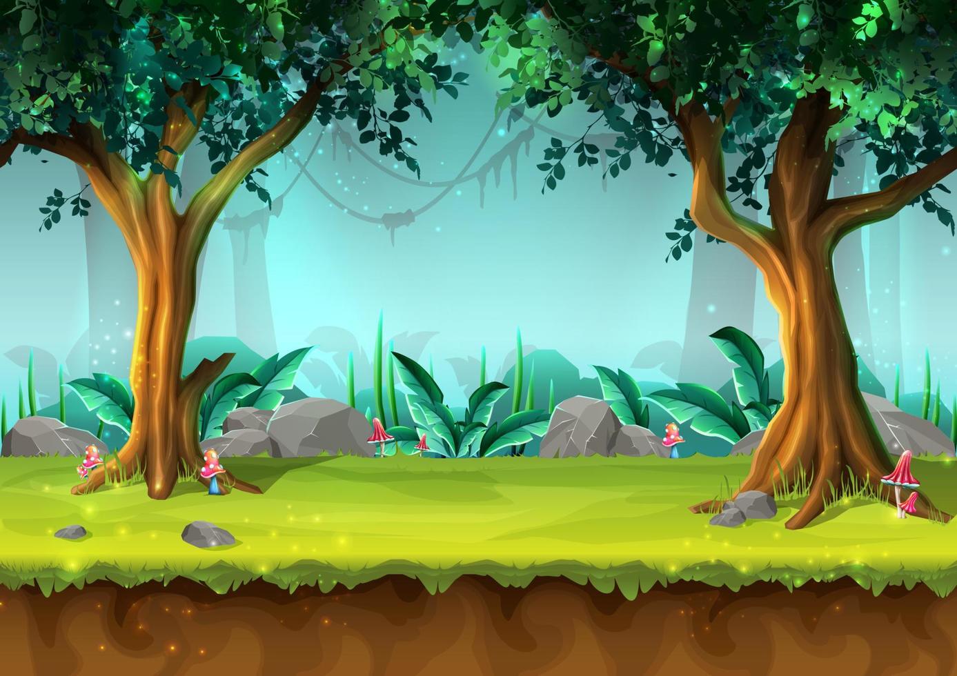 Vector cartoon style mystery rain forest with trees and mushrooms, illustration for game design, app, websites.