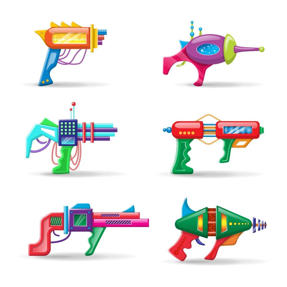 Collection of vector cartoon style flat illustration of futuristic colorful blasters isolated on white background.