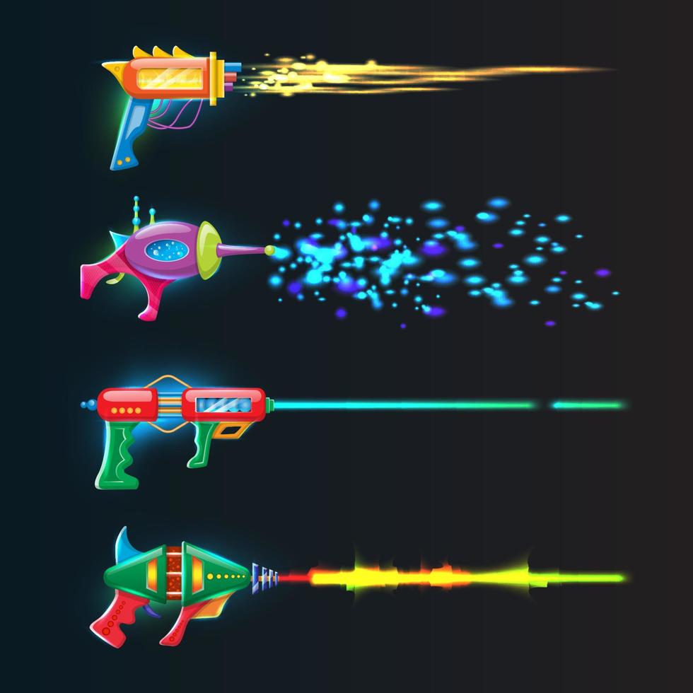 conjunto de dibujos animados vectoriales de colores brillantes en blasters de neón oscuro con rayos de disparo brillantes. vector