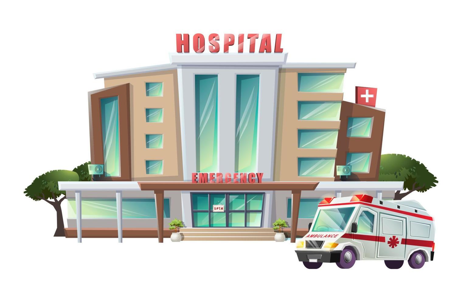 Vector cartoon style flat illustration of hospital building and emergency ambulance. Isolated on white background.