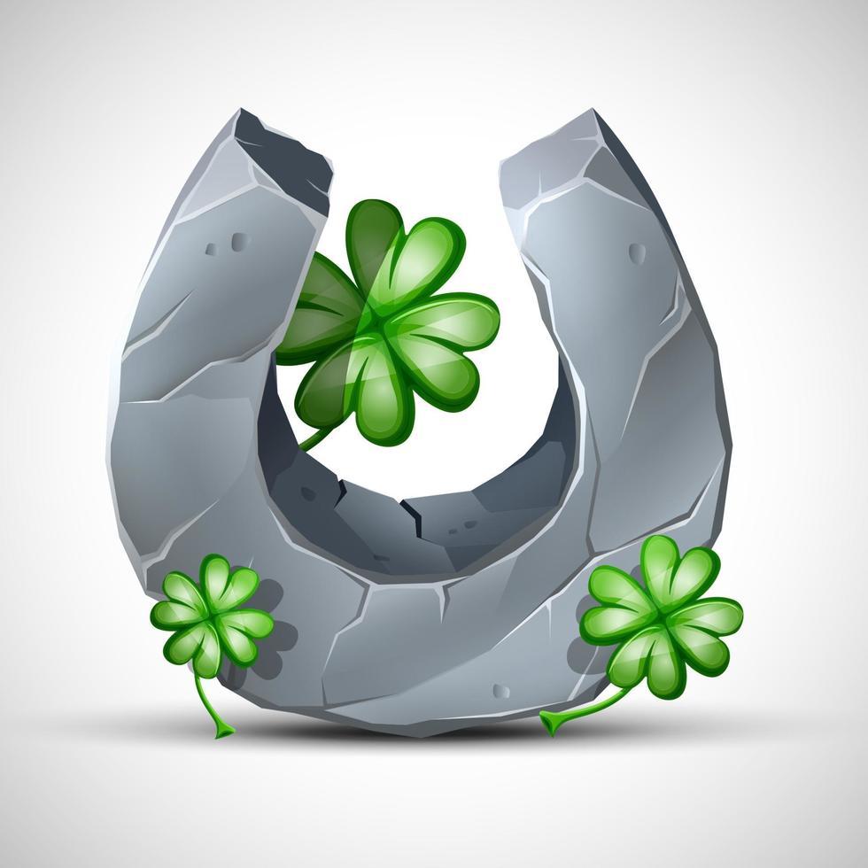 Vector cartoon style stone horseshoe and clover decorative element. Isolated on white background.