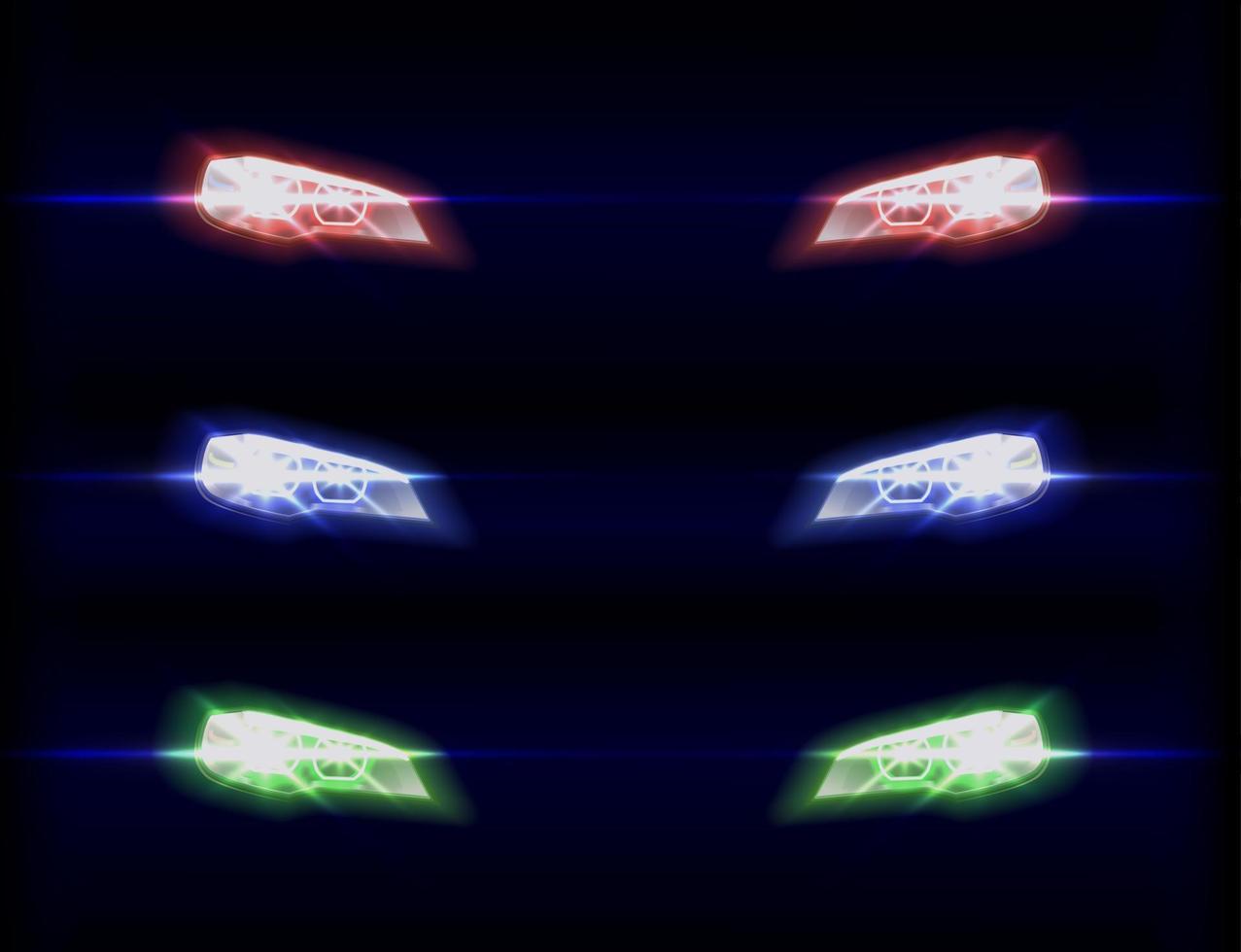 Vector realistic car front lights in different color shades on transparent dark background.