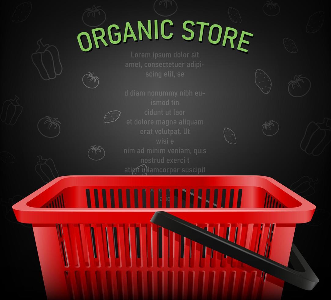 fondo de menú de tienda orgánica con cesta roja de compras realista. vector