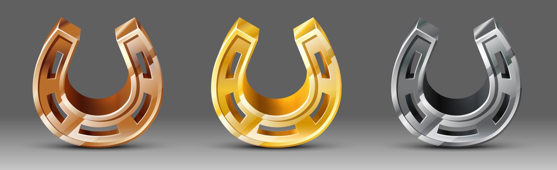 Vector set of metal plated horseshoes in gold, bronze and silver.