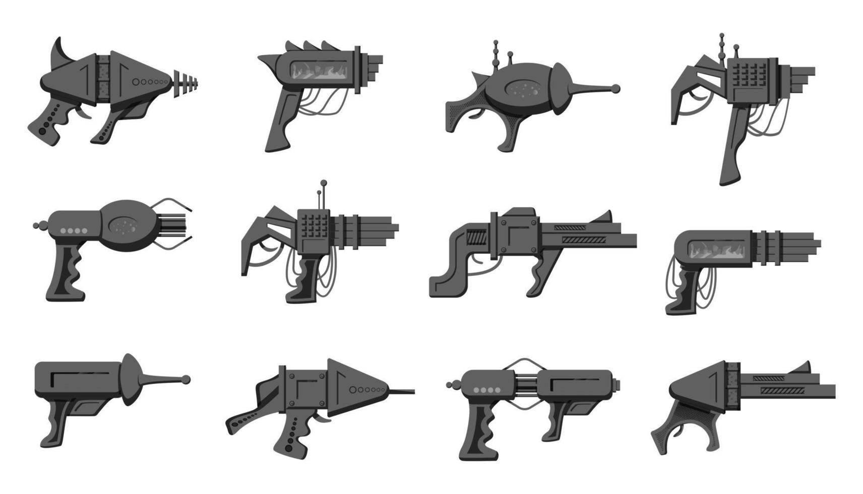 Collection of black and white silhouette vector cartoon style flat illustration of futuristic  blasters isolated on white background.