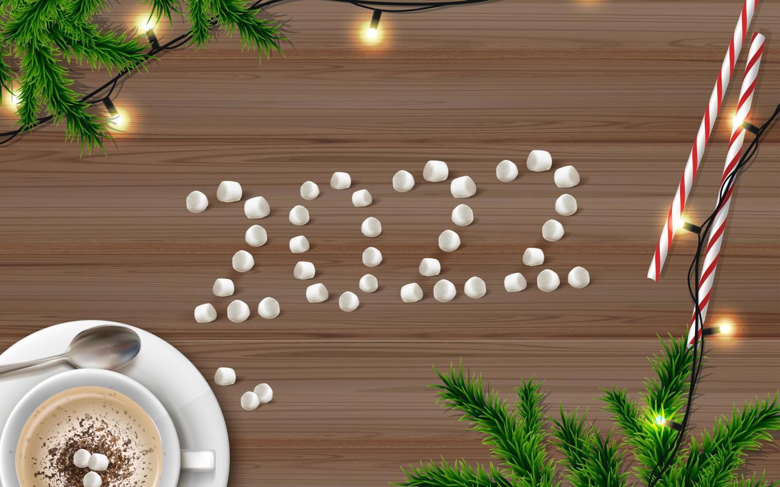Vector realistic banner. Christmas and new year background. Decorated wooden desk with lights, cup with hot chocolate and fir three.