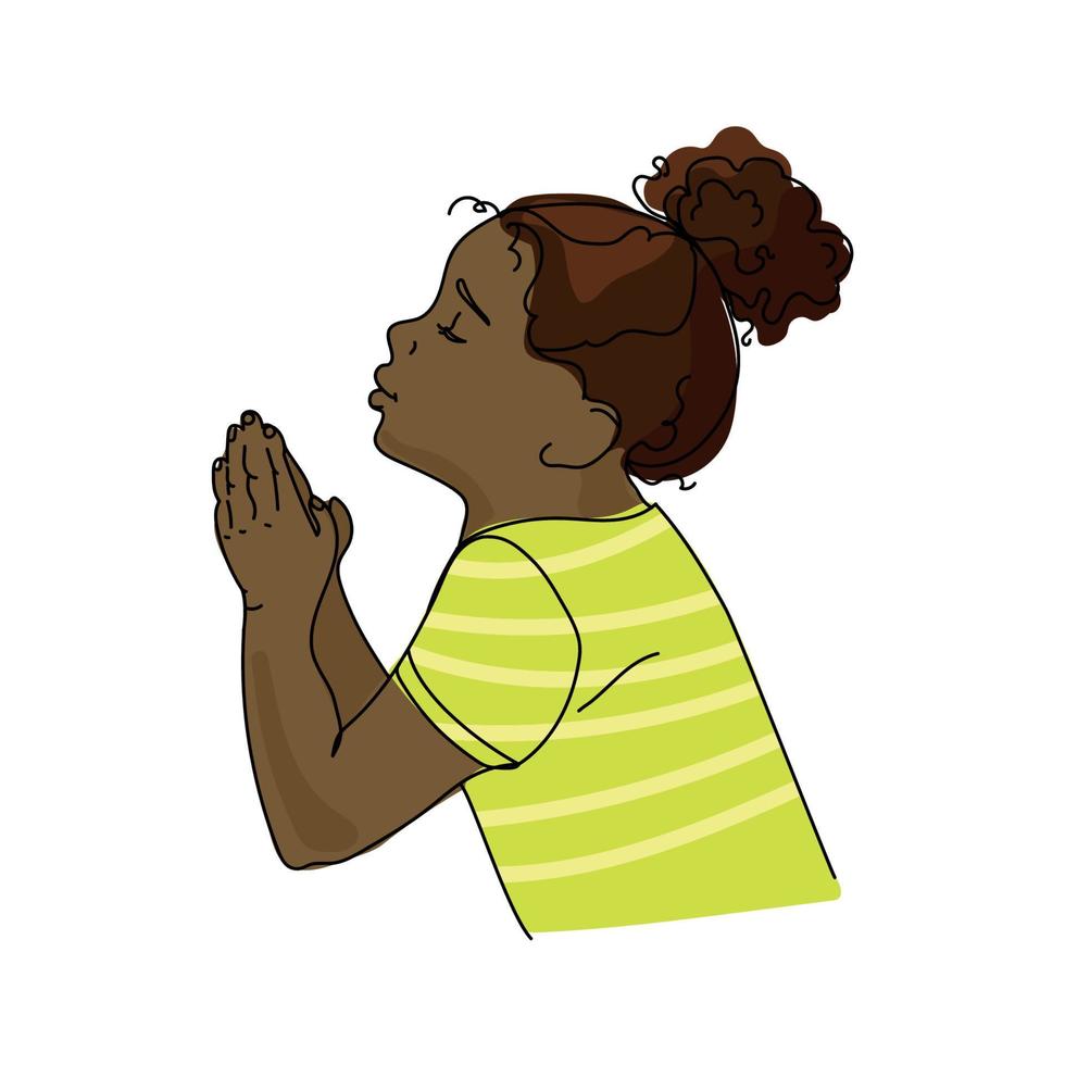 niña africana rezando. niña con las manos dobladas en la ilustración de vector de estilo de dibujos animados de oración aislada sobre fondo blanco.religión, cristianismo, concepto de fe.