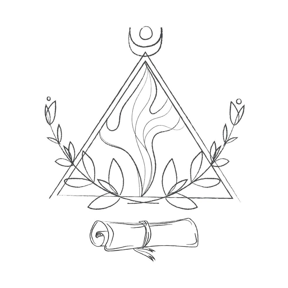 Triangular sign with a scroll of the month and laurel branches, a sacred mystical pyramid sign hand drawing sktch isolated on a white background. Occult drawing.Vector illustration vector
