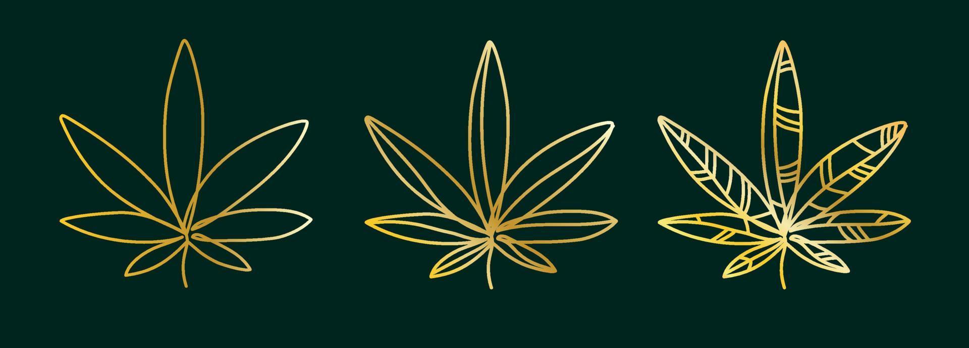 Golden cannabis leaf, hemp on a dark green background set of logos.Simple cannabis vector design graphic illustration minimalist