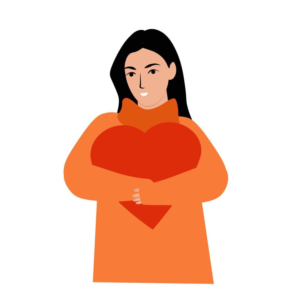 The girl embraces the heart. Vector stock illustration. A Valentine's Day card. The 14th of February. Love in itself. isolated on a white background.