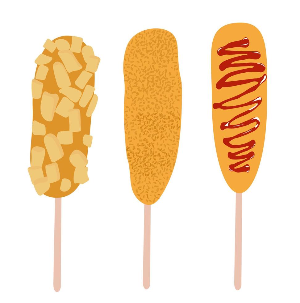 corn dog vector stock illustration. Sausage in the dough. Poured with ketchup and polishing. Isolated on a white background.