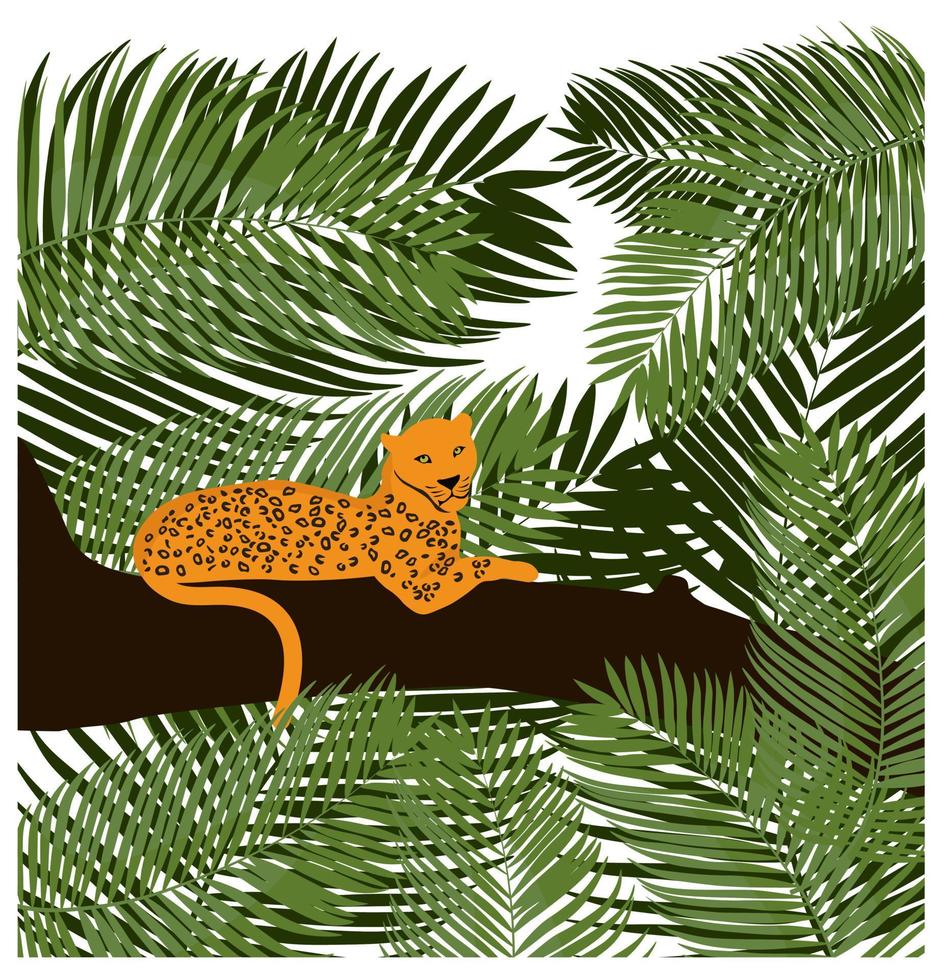 leopardo en la ilustración de stock de vector de árbol. animales salvajes de la selva. selva tropical primer plano de hojas de palma de color verde. un depredador con un color amarillo brillante.