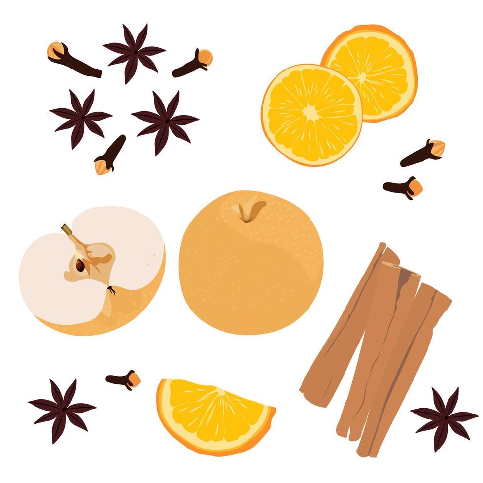 Mulled wine set vector stock illustration. Cinnamon, clove spice, yellow apple, orange. Cooking recipe. Isolated on a white background.