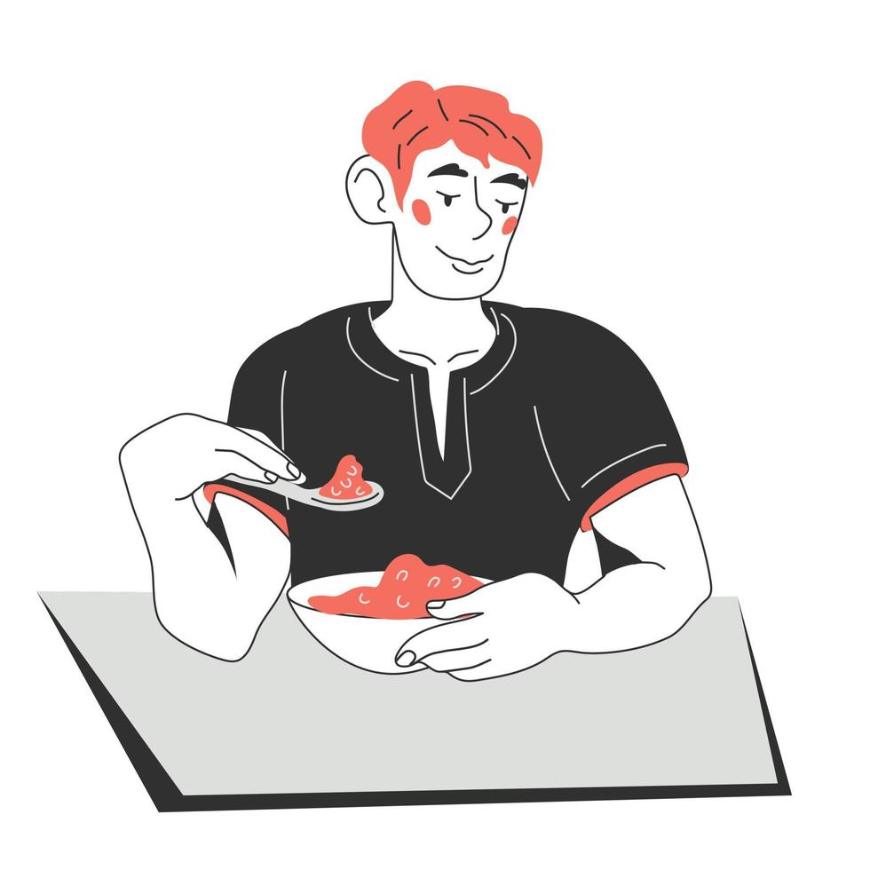 Young man eating healthy food at table, cartoon vector illustration isolated on white background. Man eats porridge or cereal from bowl. Healthy breakfast meal.