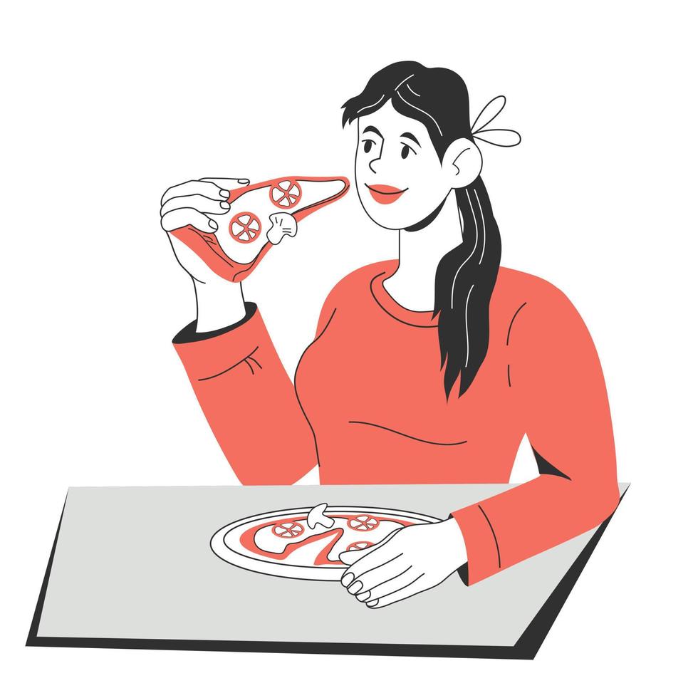 mujer joven comiendo pizza en la mesa, ilustración vectorial de dibujos animados aislada en fondo blanco. niña disfrutando de la comida italiana en pizzería o en casa. vector