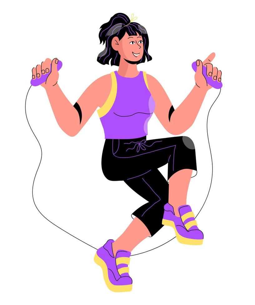 Young woman doing sports - jumping with jump rope, flat cartoon vector illustration isolated on white background. Woman doing cardio workout. Young girl leading healthy lifestyle.