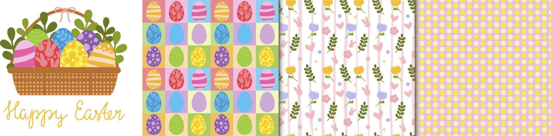 Happy Easter vector set of illustration, handwritten lettering, pack of seamless patterns. Cute Rabbit character, eggs, leafes, flowers. For paper and fabric, Social media, online marketing.