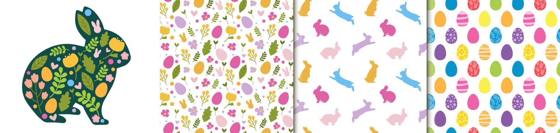 Happy Easter vector set of illustration, handwritten lettering, pack of seamless patterns. Cute Rabbit character, eggs, leafes, flowers. For paper and fabric, Social media, online marketing.