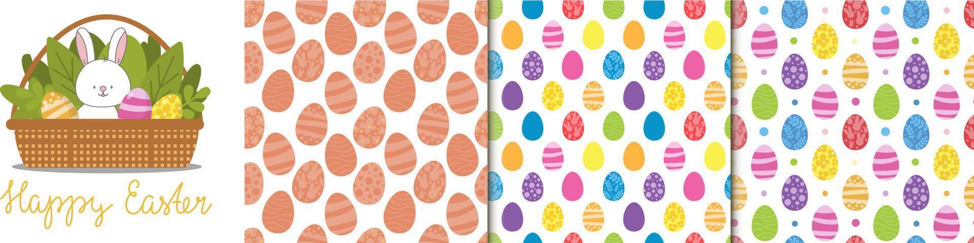 Happy Easter vector set of illustration, handwritten lettering, pack of seamless patterns. Cute Rabbit character, eggs, leafes, flowers. For paper and fabric, Social media, online marketing.