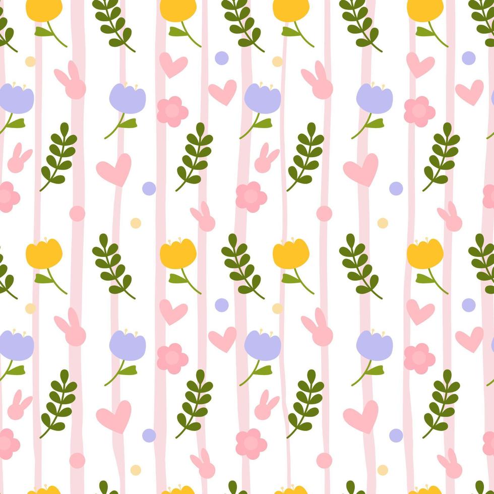 Vector seamless pattern. Background with many Rabbits, eggs, flowers, leaves scattered. Festive Easter Day surface pattern design. Spring season. For printing on fabric and paper, cards, social media