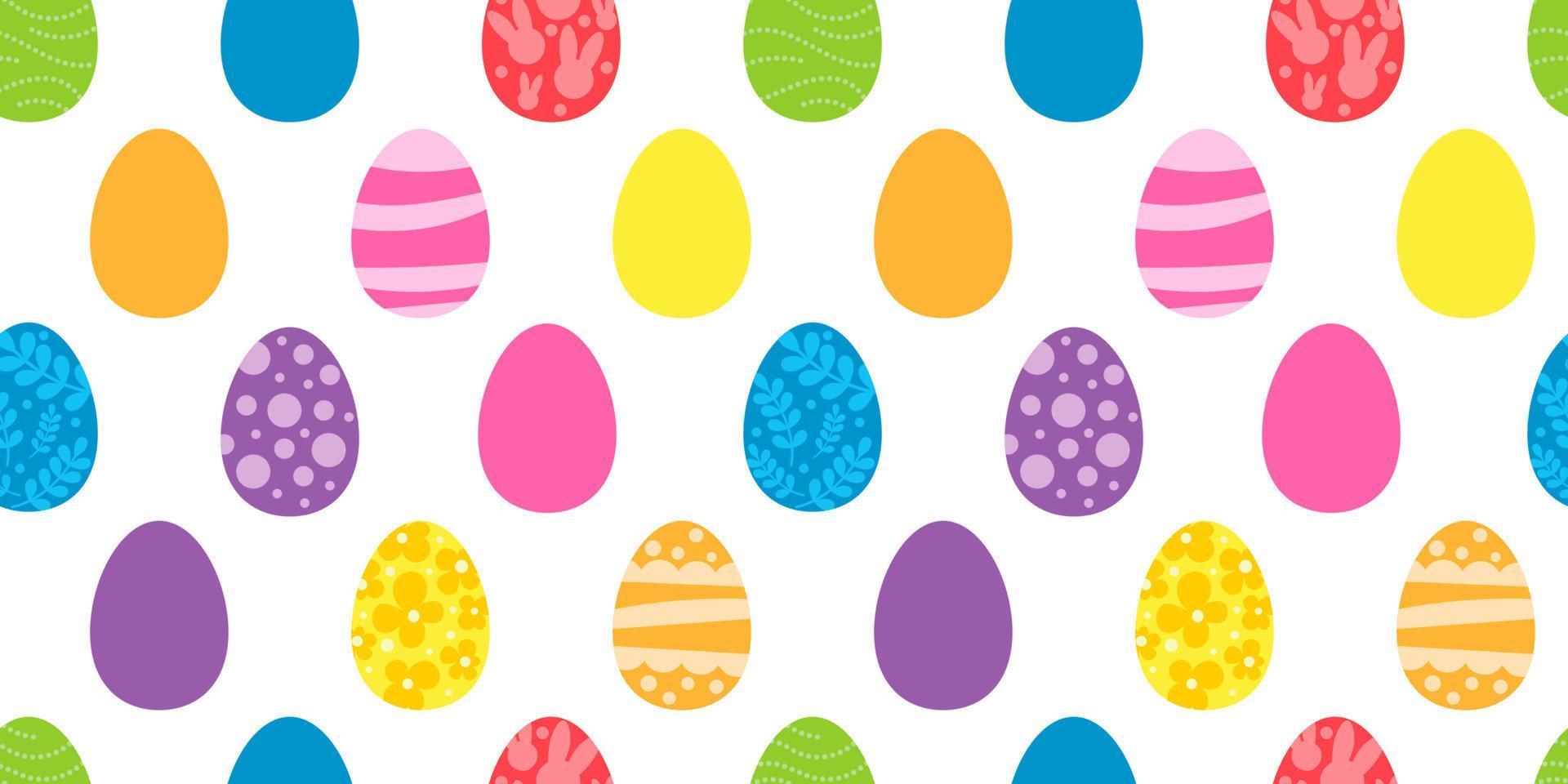 Vector seamless pattern. Background with many Rabbits, eggs, flowers, leaves scattered. Festive Easter Day surface pattern design. Spring season. For printing on fabric and paper, cards, social media