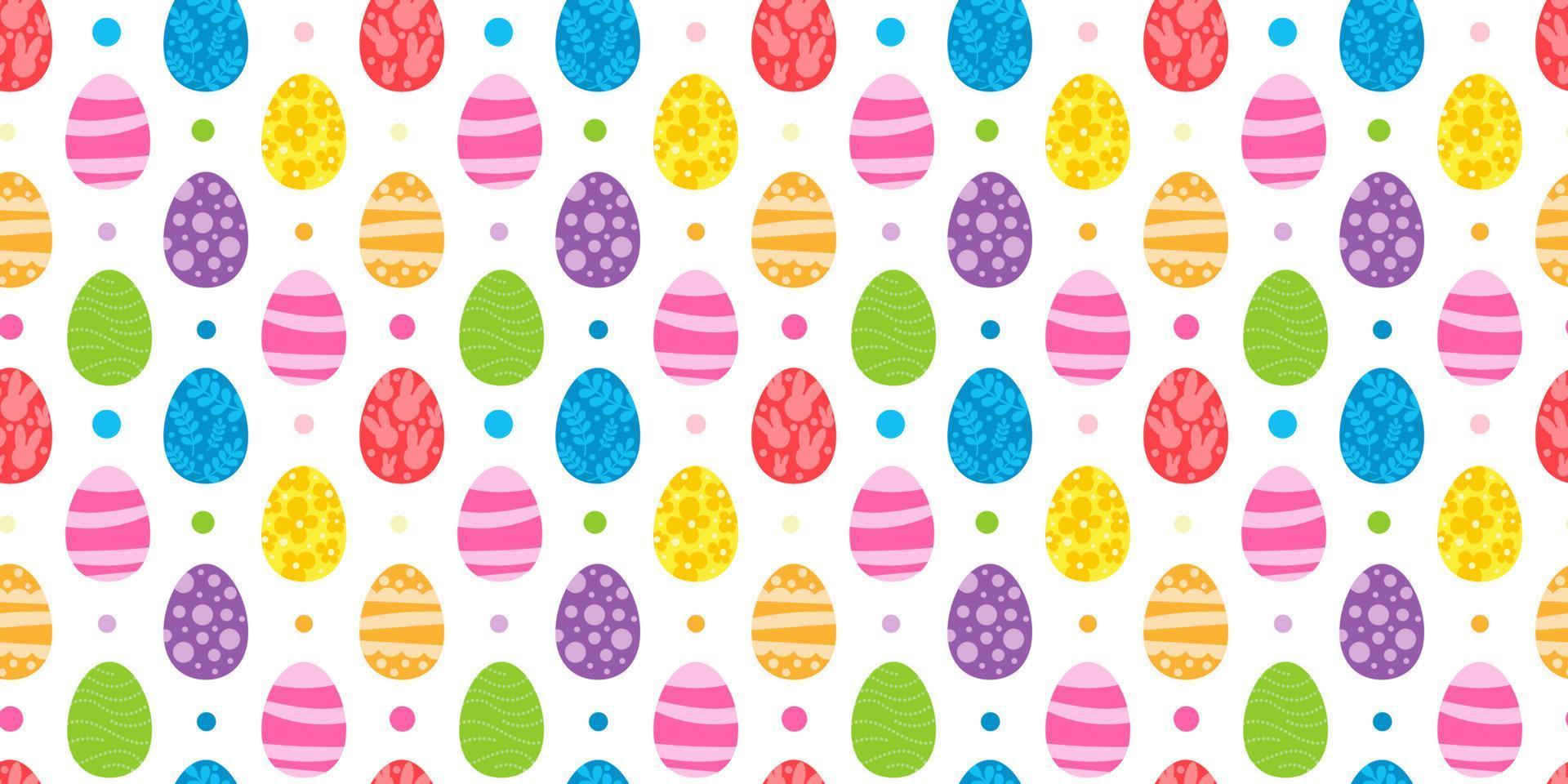 Vector seamless pattern. Background with many Rabbits, eggs, flowers, leaves scattered. Festive Easter Day surface pattern design. Spring season. For printing on fabric and paper, cards, social media