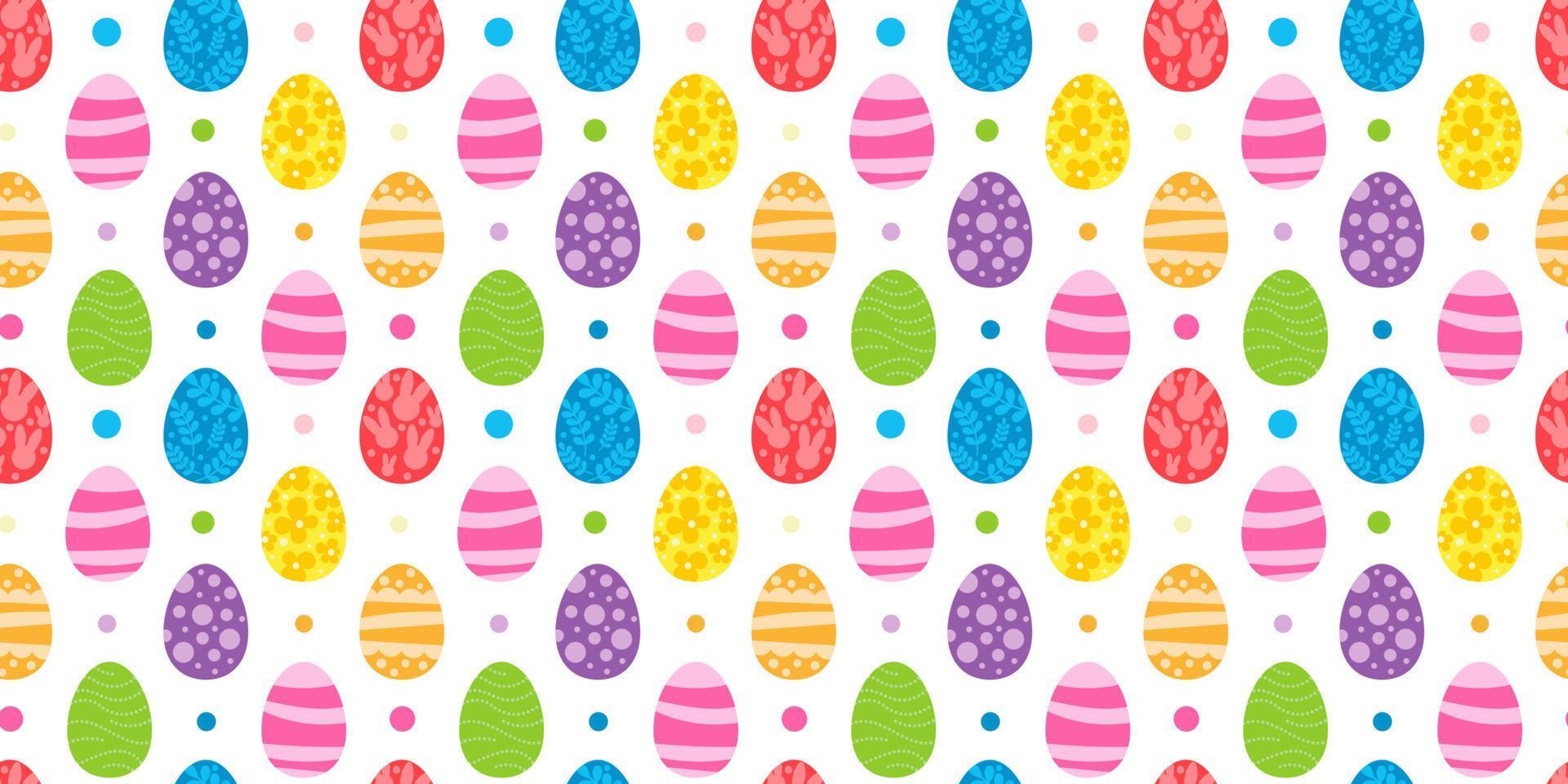 Vector seamless pattern. Background with many Rabbits, eggs, flowers, leaves scattered. Festive Easter Day surface pattern design. Spring season. For printing on fabric and paper, cards, social media