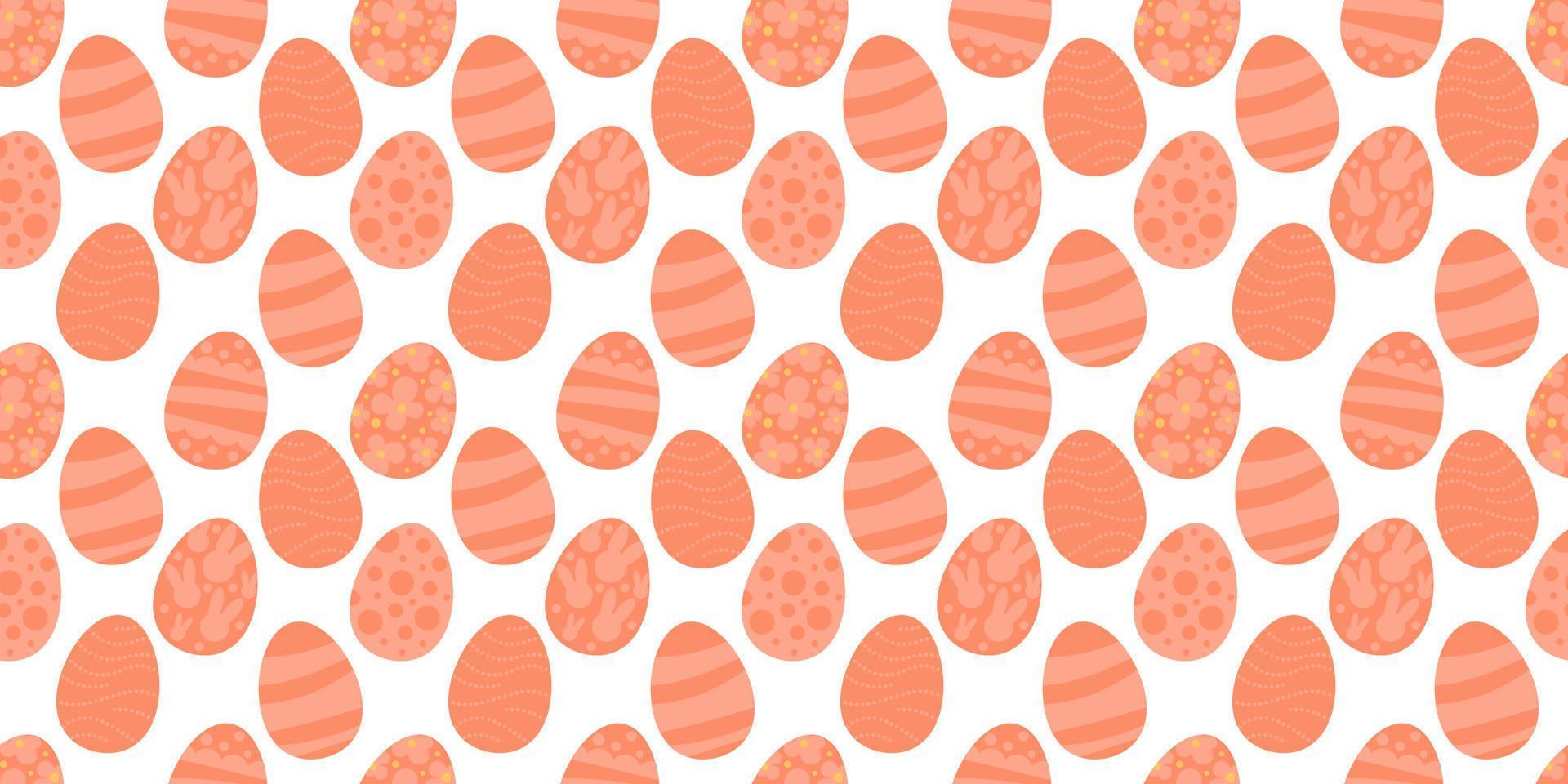 Vector seamless pattern. Background with many Rabbits, eggs, flowers, leaves scattered. Festive Easter Day surface pattern design. Spring season. For printing on fabric and paper, cards, social media