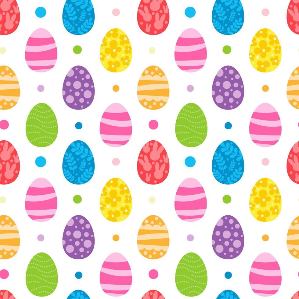Vector seamless pattern. Background with many Rabbits, eggs, flowers, leaves scattered. Festive Easter Day surface pattern design. Spring season. For printing on fabric and paper, cards, social media