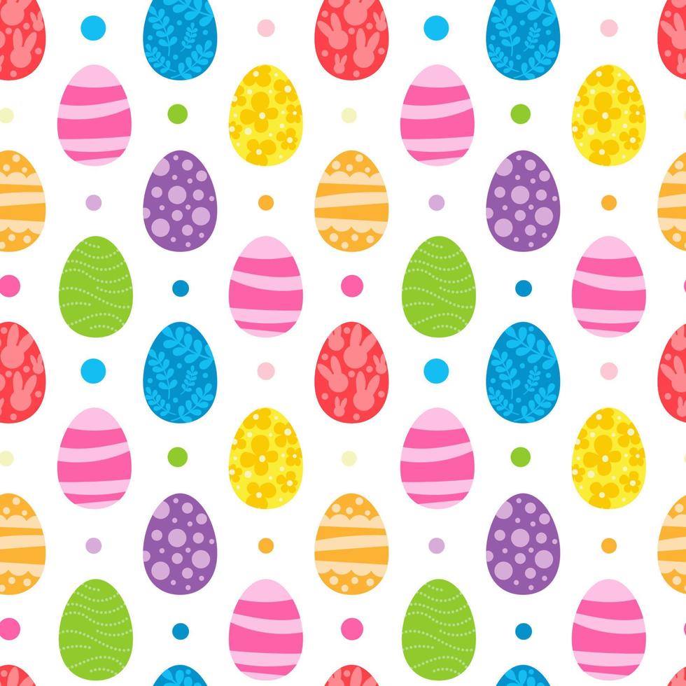 patrón transparente de vector. fondo con muchos conejos, huevos, flores, hojas esparcidas. diseño festivo del patrón de superficie del día de pascua. temporada de primavera. para imprimir en tela y papel, tarjetas, redes sociales vector