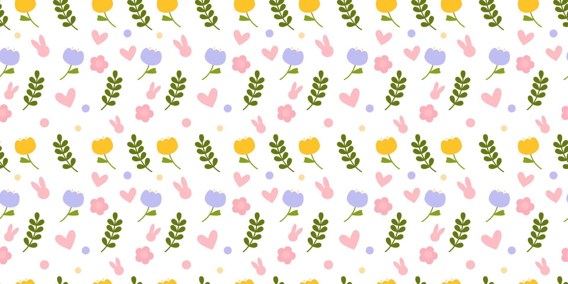 Vector seamless pattern. Background with many Rabbits, eggs, flowers, leaves scattered. Festive Easter Day surface pattern design. Spring season. For printing on fabric and paper, cards, social media