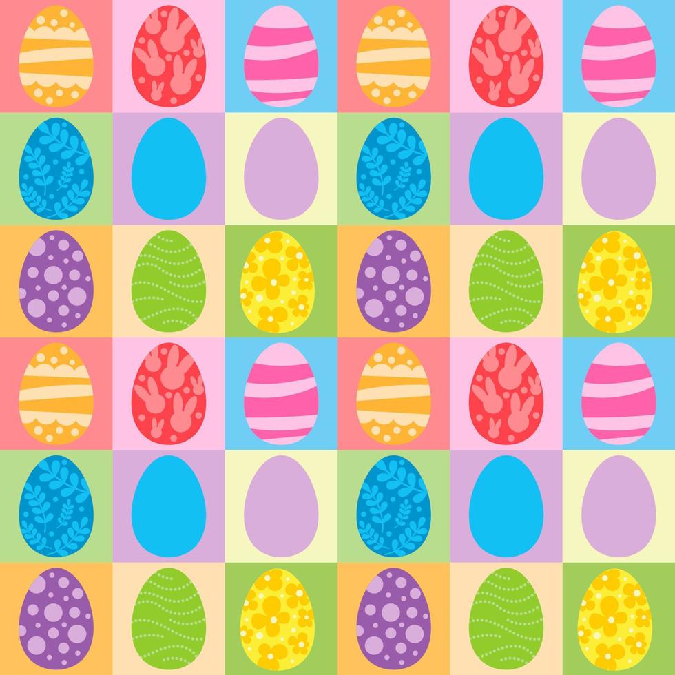 Vector seamless pattern. Background with many Rabbits, eggs, flowers, leaves scattered. Festive Easter Day surface pattern design. Spring season. For printing on fabric and paper, cards, social media