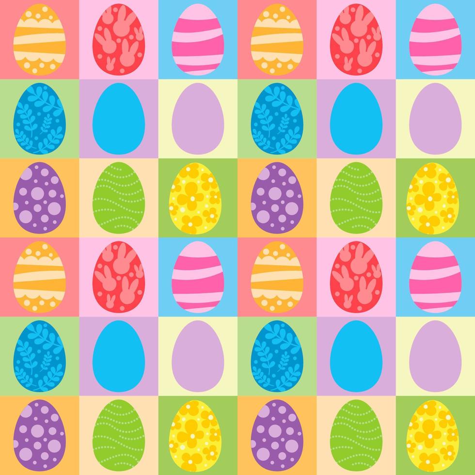 Vector seamless pattern. Background with many Rabbits, eggs, flowers, leaves scattered. Festive Easter Day surface pattern design. Spring season. For printing on fabric and paper, cards, social media